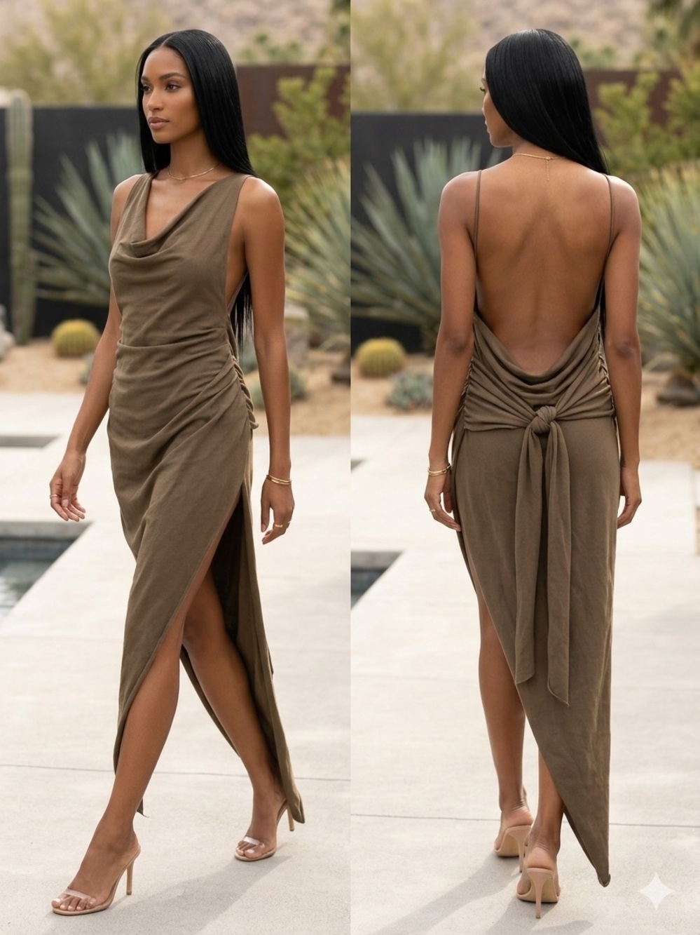 100% Cotton Brandon Blackwood Cowl-Neck Backless Maxi Dress